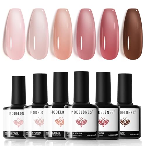 Modelones Esmaltes Semipermanentes para Uñas en Gel,6 Colores Kit Pintauñas Semipermanentes Uñas de Gel UV LED en Gel Nail Polish Esmalte Uñas para Manicura, Rosa Nude Marrón Rojo