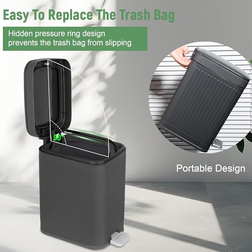 Image of rejomiik Small Bathroom Trash Can with Lid Slim Soft Close Garbage Can Step Wastebasket Container Trash Bin for Office Bedroom Kitchen Living Room (2.6 Gallon Dark Gray)