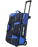DREAMZA 3 Ball Bowling Bags with Wheels & Shoe Pocket, Premium Bowling Ball Bag 3 Ball Roller, Effortless-Rolling 3 Ball Bowling Bag w/Multi-Storage Pockets & Telescopic Handle Extends to 40'' (Blue)