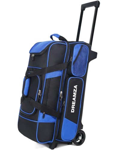 DREAMZA 3 Ball Bowling Bags with Wheels & Shoe Pocket, Premium Bowling Ball Bag 3 Ball Roller, Effortless-Rolling 3 Ball Bowling Bag w/Multi-Storage Pockets & Telescopic Handle Extends to 40'' (Blue)