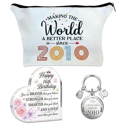 Mitibet 16th Birthday Gifts for Girls Born in 2010 Gift Set Sweet 16 Decorations Makeup Bag Acrylic Plaque Keychain Happy Birthday Presents for Daughter Granddaughter Niece (16)