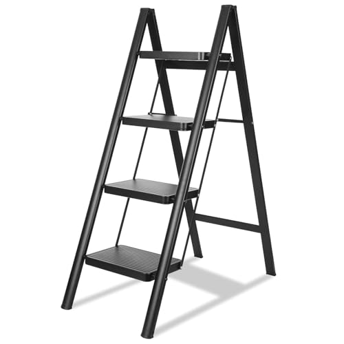 Image of Ladder 4 Step Folding,150KG Capacity Sturdy Ladder Small Stool for Adults, Closet Step Stool Anti-Slip Wide Pedals, Portable Folding for Home Kitchen Office (4 Step - Black)