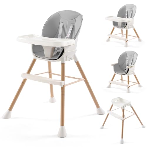 Image of Xhakchik 6-in-1 Convertible High Chair for Babies and Toddlers, Baby Feeding with Adjustable Legs &Double Dishwasher Safe Tray, Infants Eating Footrest&Safety Harness Boys Girls,Light Gray