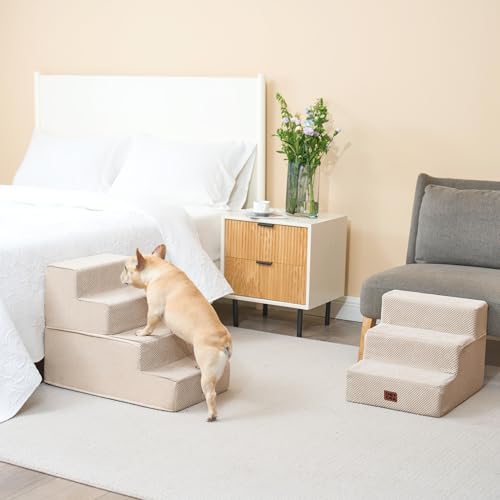 Image of EHEYCIGA Dog Stairs for Bed 18 inch H, 4-Step Dog Steps for High Bed, Pet Steps for Small Dogs and Cats, Non-Slip Balanced Pet Ramp Indoor, Beige