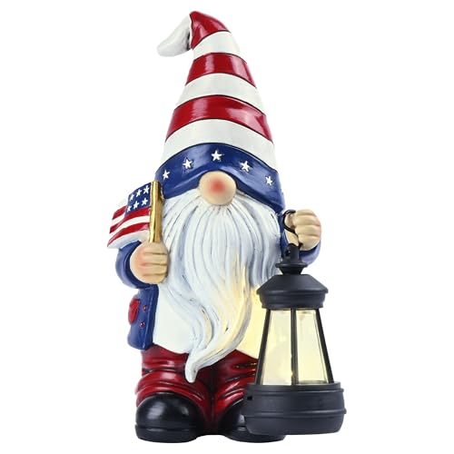 TERESA’S COLLECTIONS 4th of July Patriotic Gnome Decorations for Garden, Resin Outdoor Statues Holding Lantern with Solar Lights for Outside, Memorial Ornaments Gift for Independence Day, 8″