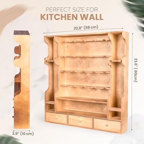 Image of Byers Choice TX Pine Wooden Spice Rack Organizer for Countertop with Rounded Corners and Ample Storage Space - Freestanding Spice Jar Rack with Drawers for Kitchen Pantry, Apothecary
