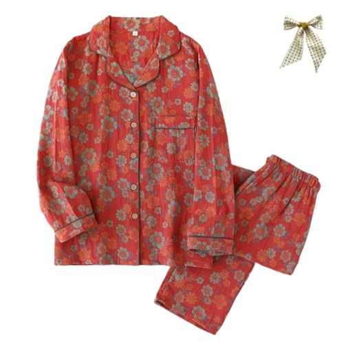 Ginkgo Leaf Neckline Button Colorful Floral Pure Pajama,Vintage Lapel Cotton Loungewear Set,Cozy Print Sleepwear Two Piece