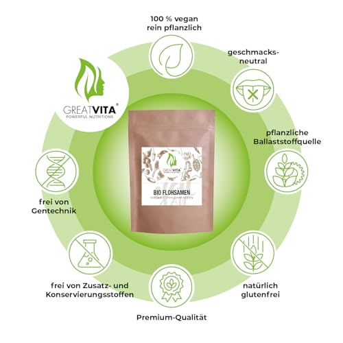 GreatVita Bio Flohsamen 1000g | 99% reine ganze Flohsamen - zertifizierte Bio-Qualität aus Indien | reich an Ballaststoffen & glutenfrei, vegan - ideal für eine gesunde Ernährung