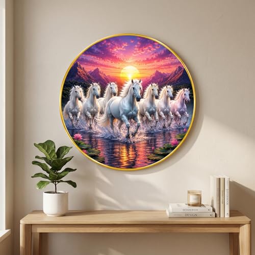 Image of SAF 7 Horse Vastu Round Wall Painting with Premium PVC Golden Frame, White Running Horses Mountain Sunrise Lake Art for Living Room Office Home Decor Gift (16 x 16 Inch) GRM-441