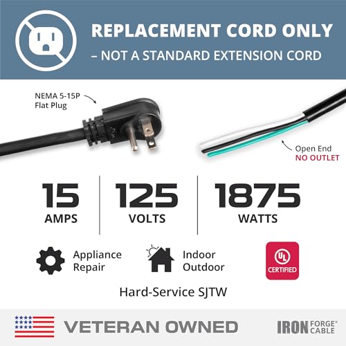 Iron Forge Cable Flat Plug 14 Gauge Power Cord Replacement - 15ft,15 Amp Black Heavy Duty, 14/3 SJT 3 Prong Cable for Appliances & Power Tools