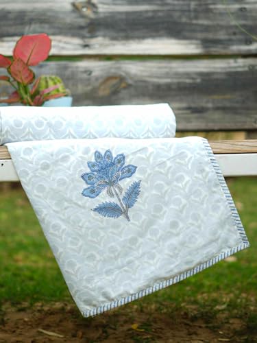 Image of Florazul Queen Bed Size A /c Comforter | Muslin Dohar - 100% Cotton | 200TC | 3-Layer Lightweight Reversible Blanket | Hand Block Floral Print | Soft, Breathable, Quilt for Home & Bedroom (Blue)