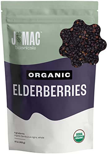 J Mac Botanicals, Organic Dried Elderberry (16 oz.) USDA Certified, packaged in USA, whole bulk elder berries for syrup, tea infusions, gummies, Elder Berry