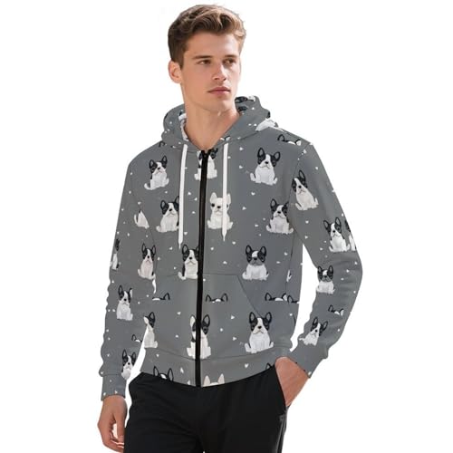 Boston Terrier Dog Men's Hoodies with Zipper Lightweight Long Sleeve Casual Sweatshirts