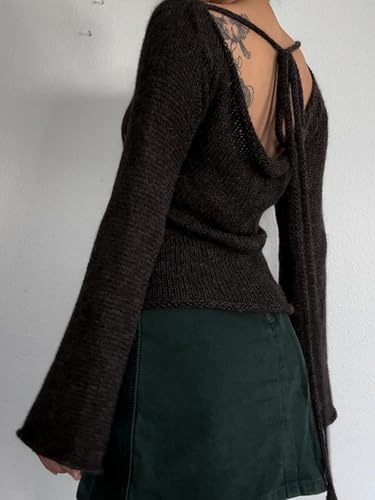 Image of CORIRESHA Women's Vintage Tie Back Bell Sleeves Boat Neck Casual Knitted Pullover Sweater