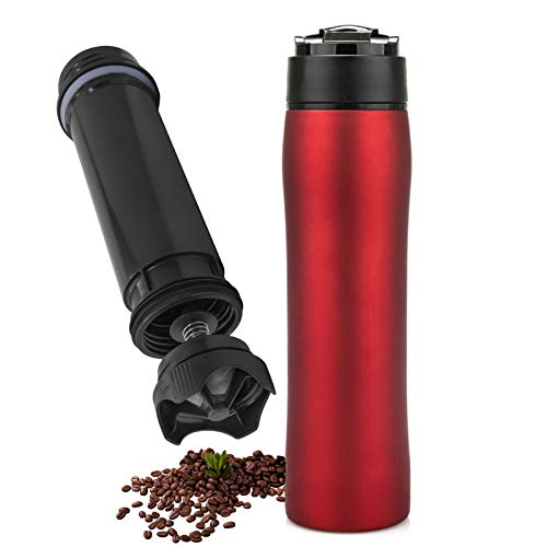 Camping Coffee Makers Portable Espresso 12 Oz French Press Bottle Travel Mug Press Coffee Brewed Tea Makers for Backpacking Commuters Red
