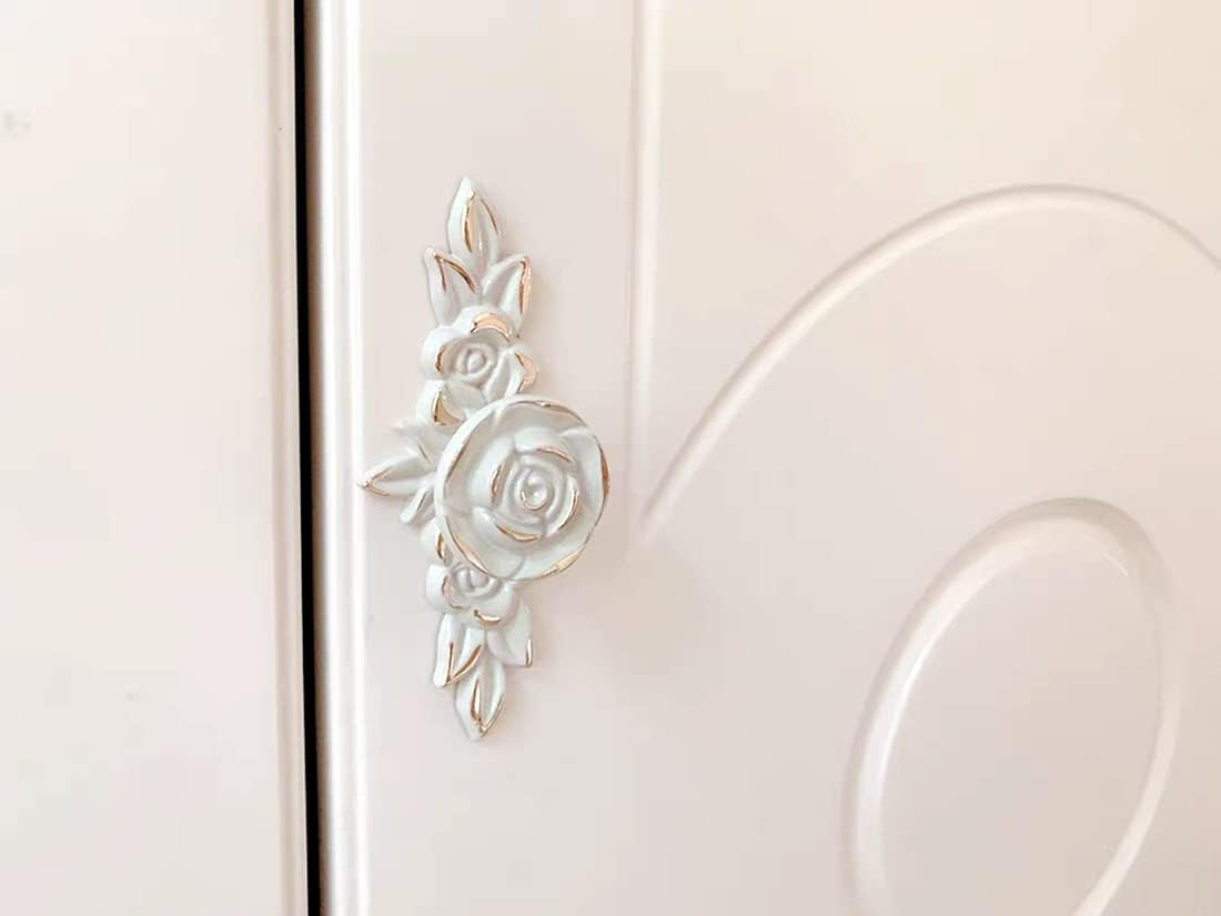 4 Pcs Euro Rose Cabinet Knobs with Backplate, 102mm Vintage Zinc Alloy Flower Drawer Pull Handles for Dresser Vanity Nightstand Cupboard (4.0" Ivory White & Gold Edge)
