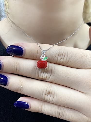 Cute Red Apple Pendant Necklace for Women Girls 925 Sterling Silver Charms Snow White Inspired 3D Candy Fruit Leaf Link Chain Adjustable Nickel Free Lovely Christmas Eve Teacher Graduation Jewelry Gift 18 inch3
