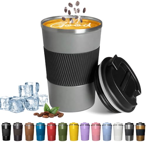 YINBAOGE Insulated Travel Coffee Mug, Spill & Leak Proof, Portable To Go Camping Stainless Steel Coffee Tumbler, Reusable Thermal Coffee Cup with Lid for Hot & Cold Drinks (Grey, 12 OZ)