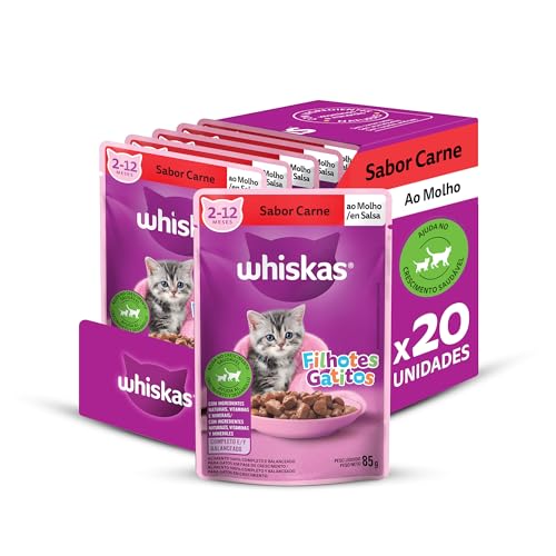 Pack Ração Úmida Whiskas para Gatos Filhotes, Sachê Carne ao Molho, 85g - 20 unidades