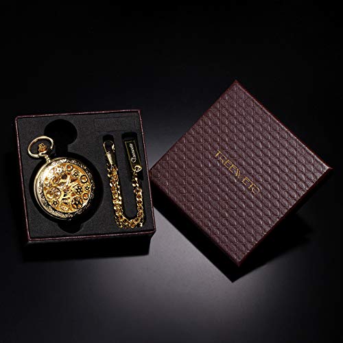 Reloj de bolsillo mecánico de engranajes bronce steampunk con cadena unisex 7