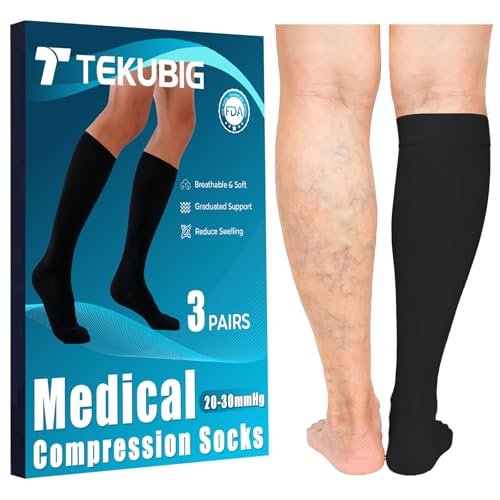 Medical Women Men Compression Socks Knee High 20-30 mmhg Graduated Big Tall Flying Nurse Pregnancy Maternity Circulation Pressure Leg Ted Support Hose Extra Calf Plus Size Wide XXL Xl Large Leg Black