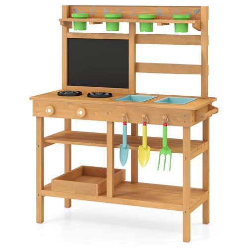 COSTWAY Mud Kitchen for Kids, Wooden Outdoor Play Kitchen wi