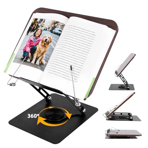 Buchständer Holz Verstellbarer Leseständer mit 360° Drehbasis Faltbar Buchhalter Holz Ideal für Büro Küche Schule Rezepte Kindle Tablet Musiknoten Höhen- und winkelverstellbar