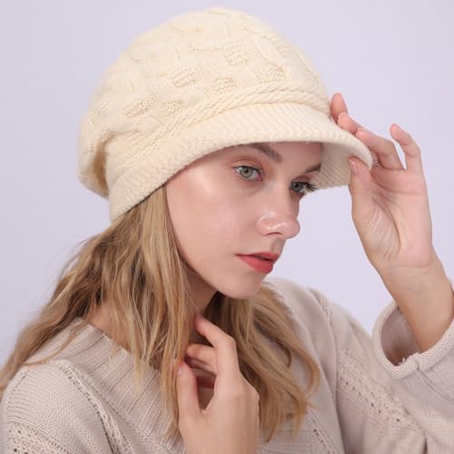 DURINM Warme Winter mütze Fleece Mütze Schirm Visor Wintermütze Damen Warme Gefütterte Wintermützegestrickte Schirmmütze Baseballmütze mit Weiches Dickes Fleecefutter (beige)