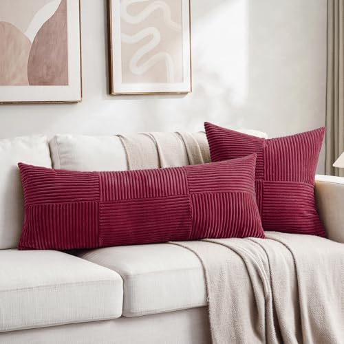 Image of Fancy Homi Set of 2 Burgundy Boho Long Lumbar Body Decorative Throw Pillow Cover 14x36 Inch for Bed Couch Bedroom Bench, Soft Patchwork Corduroy Textured Pillow Case, Rustic Farmhouse Room Decor