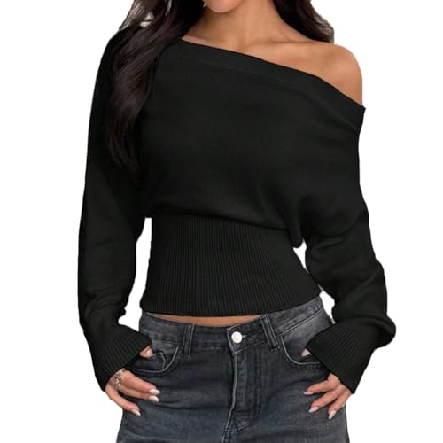 LOFAAC Women Sexy Off Shoulder Cinched Waist Knitted Sweater Top