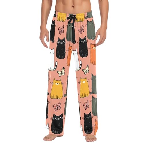 Men's Pajama Bottom Cats Butterflies Cartoon Cotton Pajama Pants Drawstring Sleepwear Long Pants Pockets