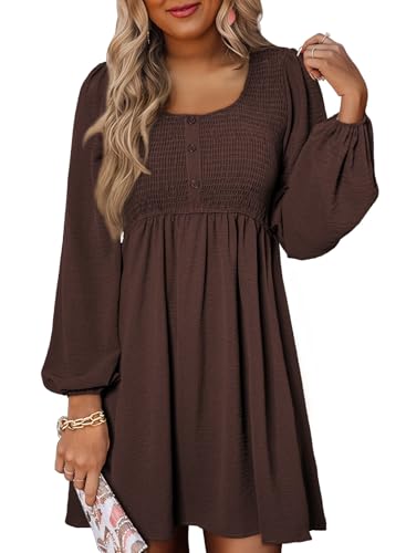 Image of Dokotoo Womens Fall Dresses 2026 Casual Smocked Crewneck Button Up Long Sleeve Empire Waist A-Line Mini Dress