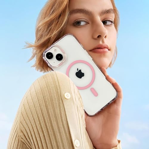Image of Elzzi Translucent Clear Back Cover Compatible with (iPhone 15 Case)(2023), PC Shockproof Scratch Resistant, Non-Yellowing, Support Mag-Safe Wireless Magnetic Charging - Pink|6.1''