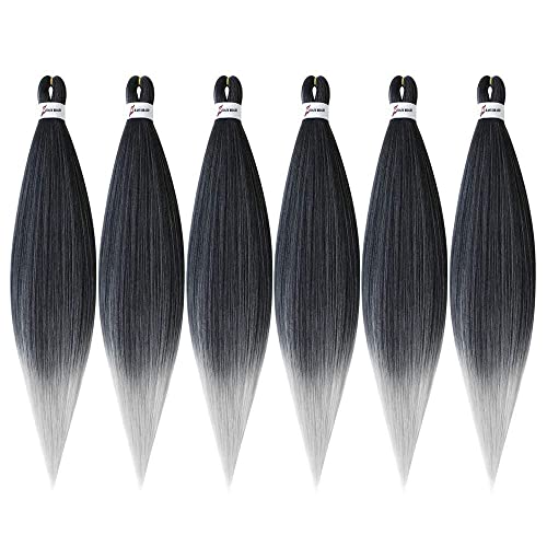 Msbelle Pre Stretched Braiding Hair 20 Inch Braiding Hair Ombre Braiding Hair 6 Packs/Lot Braiding Hair Pre Stretched Extensions Yaki Texture Hot Water Setting(20Inch,Black Silver Grey) #TOP1
