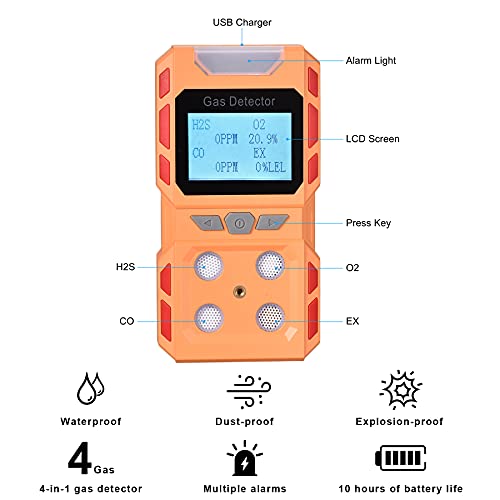 Imeistek Portable 4 Gas Detector, Air Quality Gas Meter Monitor With Large Digital Lcd Display, Rechargeable Battery Operated Gas Test Analyzer With Voice Light And Vibration Alarm Mode (Orange) #TOP1