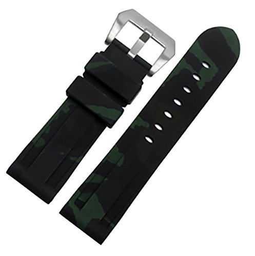 24mm Camouflage Diver Rubber Silicone Watch Band PVD Tang Buckle Strap Fits for Panerai Luminor (Dark Green?Silver Buckle?)