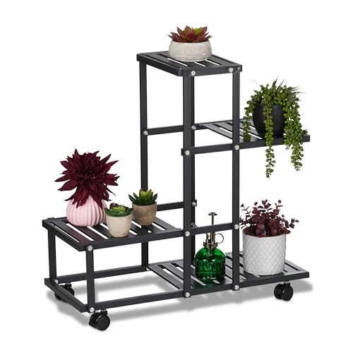 Relaxdays Étagère à Plantes, avec roulettes, 4 Niveaux, H x L x P : 60,5 x 61,5 x 26 cm, pour intérieur, Noire