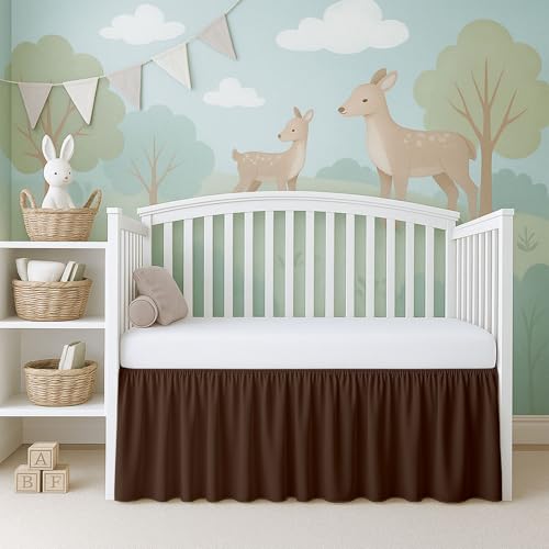 Image of Cottignton Lane Ruffled Crib Bed Skirt, Soft Nursery Bedding in 100% Natural Cotton, Platform Style with 4-Sided Coverage & Split Corners - Fits Standard Cribs 28 inch x 52 inch with 14 inch Drop,Chocolate