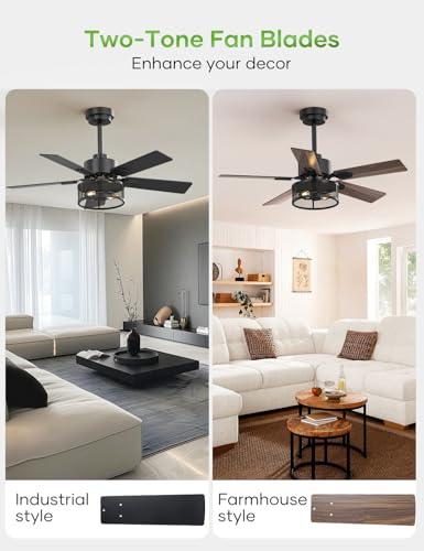 CalorHoga 42 Inch Farmhouse Caged Ceiling Fan with Lights, APP & Remote Control, Rustic Industrial Ceiling Fan with Quiet DC Motor, 6-Speed, E12 Bulb Compatible, Bedroom Dining Room Living Room — view 4