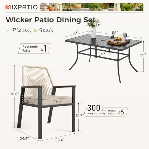 Image of MIXPATIO 7 Pieces Outdoor Dining Set for 6, Patio Dining Set Wicker Rattan Chairs with Soft Cushion and Metal Rectangular Table, Wicker Patio Table and Chairs for Backyard Porch