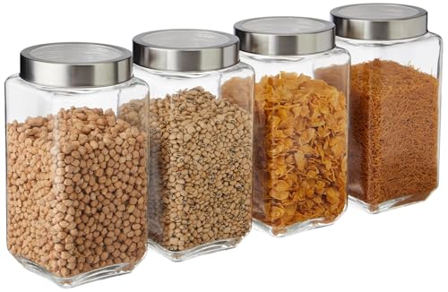 Image of CROCO JAR Square Glass Storage Containers 2250ml | Transparent Airtight Kitchen Jars with Steel Lid | Cubical Glass Jars for Pantry, Snacks, Dry Fruits, Masala, Pickle & Coffee Beans | Pack of 4