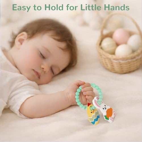 Easter Teething Ring for Baby, Bunny Carrot & Chick Egg Silicone Teether Bracelet, Sensory Chew Toys for Newborns & Infants 3–12 Months, Easter Basket Stuffers for Toddlers, Baby First Easter Gift - 4