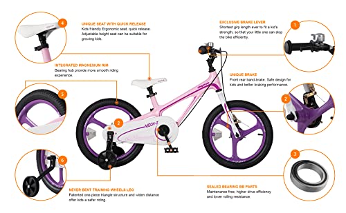 Image of RoyalBaby 16 Inch Kids Bike Mg Aluminum Alloy Childrens Bicycle with Disc Brakes Training Wheel Kickstand for Boys Girls Ages 4-6 Pink