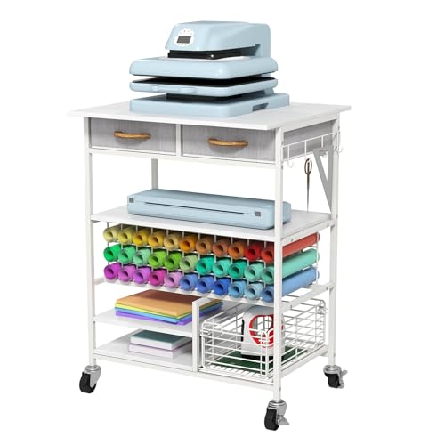 Hadulcet All-in-One Heat Press Table - 6-Tier Mobile Craft Cart with Storage Basket & Hooks Vinyl Roll Holder Compatible for Cricut Sublimation Transfer Machine Printer or T-Shirt Maker (White)