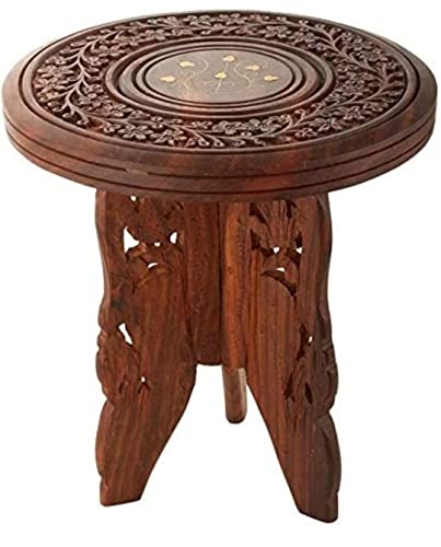 Image of Wood Well Polished And Furnished End Table /Stool With Antique Polish Multipurpose Coffee Stand Table (3 Legged Fold, 9 Inches)