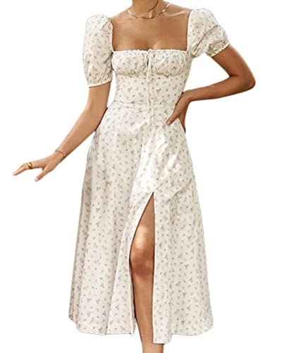 ORANDESIGNE Femme Robe Longue Boho Robe de Plage D'été Col Carré Manches Bouffantes Maxi Robes de Soirée Cocktail Sexy Casual A Beige XL