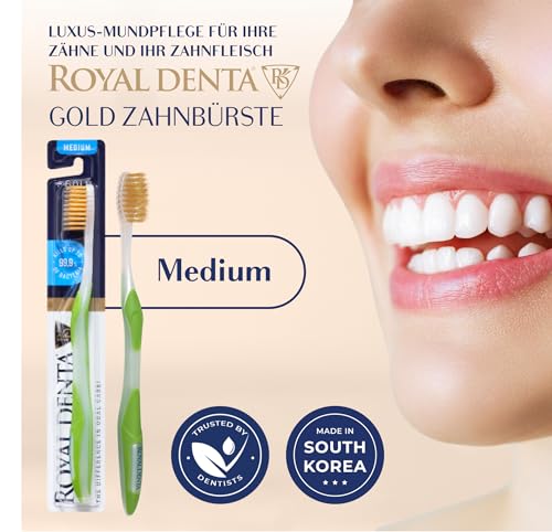 Royal Denta Zahnbürste Mittel, Handzahnbürste sanft zum Zahnfleisch, Doppelborsten für Zahnzwischenräume, mit Goldpartikeln zur antibakteriellen Pflege, ergonomisch & langlebig, Grün