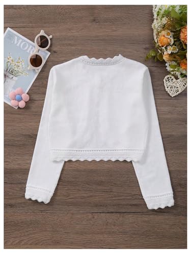 GORGLITTER Girl's Lace Trim Long Sleeve Bolero Cardigan Kids Button Closure Knitted Shrug Cropped Sweaters Tops White 10 Years2