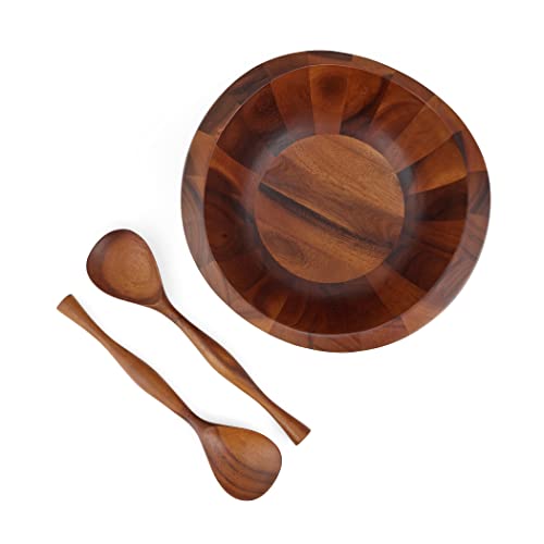 Nambe Bella Salad Bowl With Servers | 3 Piece Wooden Salad Bowl Set With Serving Utensils | Acacia Wood Salad Tosser And Fruit Bowl | Housewarming Gift With Gift Box #TOP2