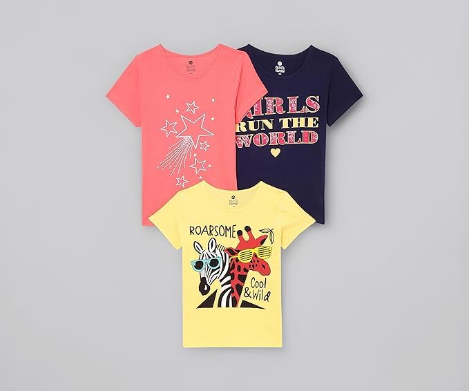 Image of Clotth Theory Girls Super Combed Cotton Regular Fit Round Neck Printed Short Sleeve Tshirt -Combo Pack of 3